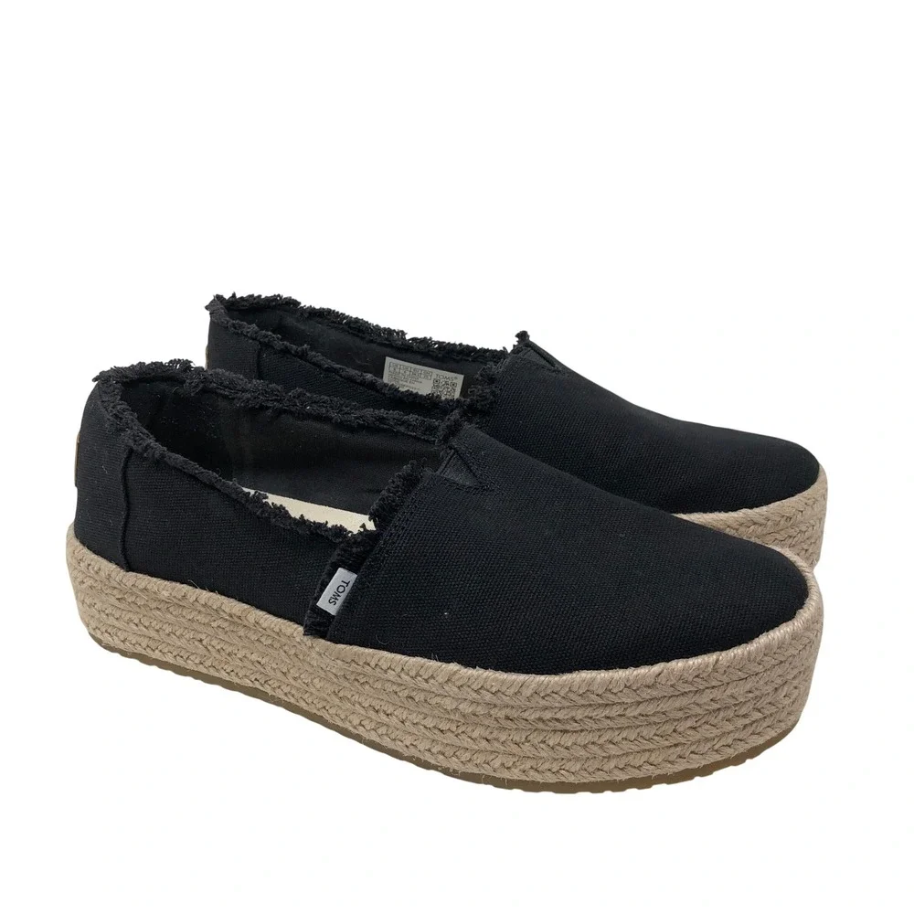 TOMS Valencia Platform Espadrille Womens Size 8 Black Frayed Canvas Shoes
